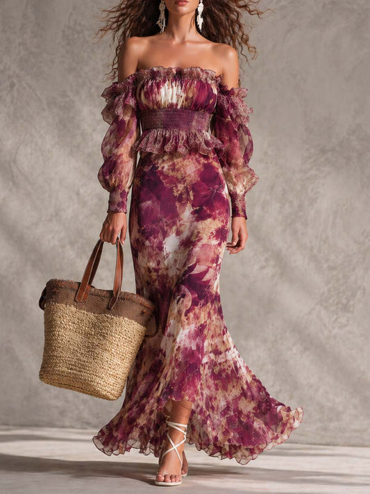 Françoise | Robe maxi rose à imprimé floral et épaules dénudées