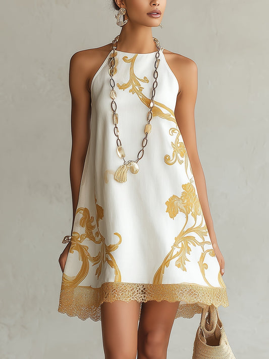 Héloïse | Robe Mini Blanche à Motifs Dorés