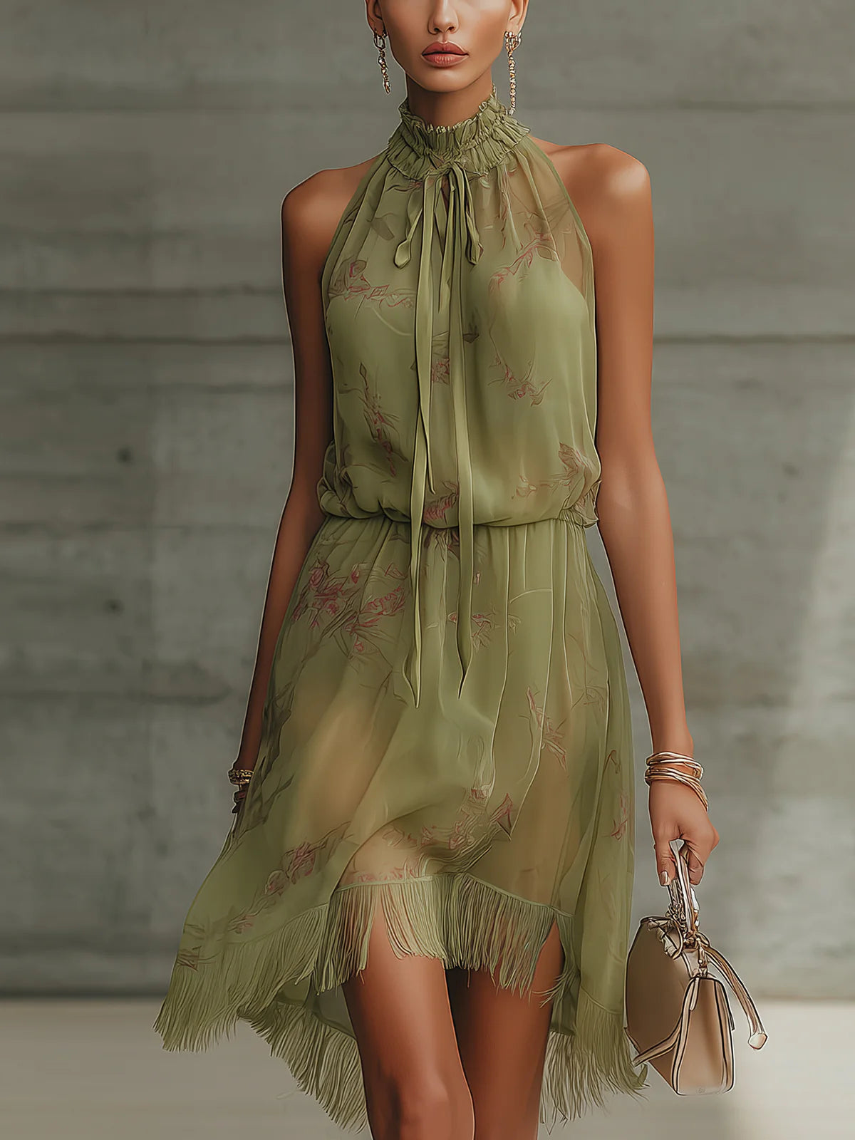 Sylvie | Mini Robe Fleurie Verte, Taille Haute