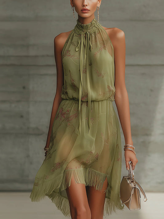 Sylvie | Mini Robe Fleurie Verte, Taille Haute