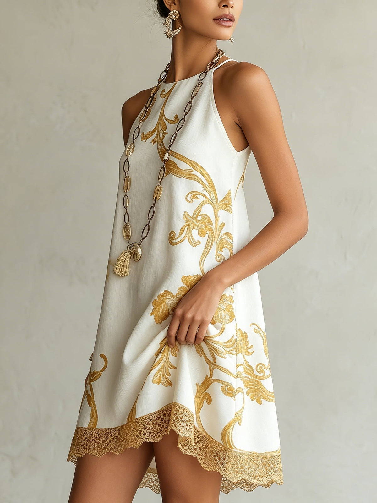Héloïse | Robe Mini Blanche à Motifs Dorés