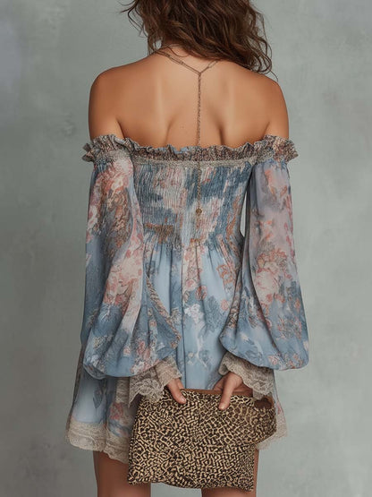 Romane | Robe Mini Froncée à Épaules Dénudées et Fleurs Romantiques