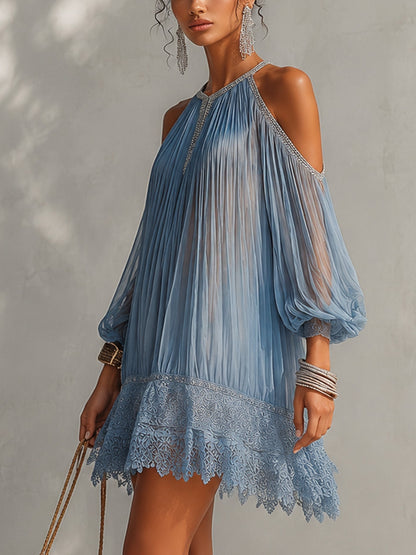Séraphine | Robe Mini Bleue à Épaules Dénudées Froncée