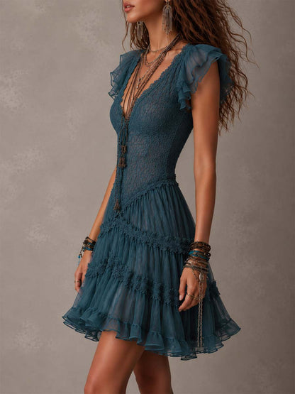 Delphine | Mini Robe à Volants Bleu Rétro