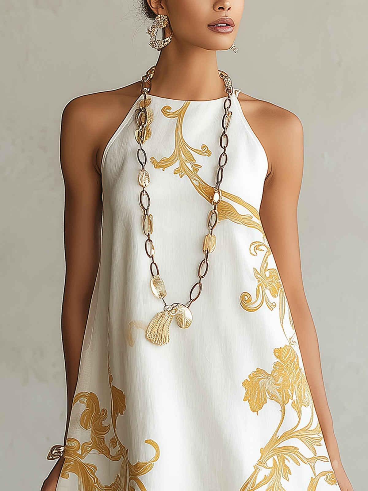 Hélia | Robe Mini Blanche à Motifs Dorés