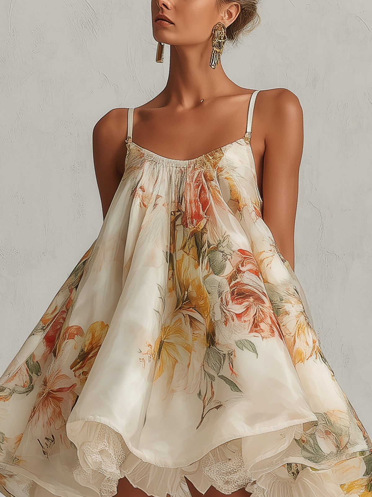 Blanche | Robe Mini Trapèze Fleurie Beige