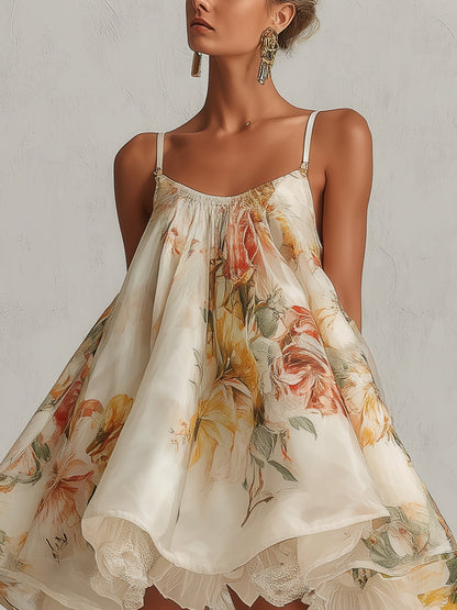 Blanche | Robe Mini Trapèze Fleurie Beige