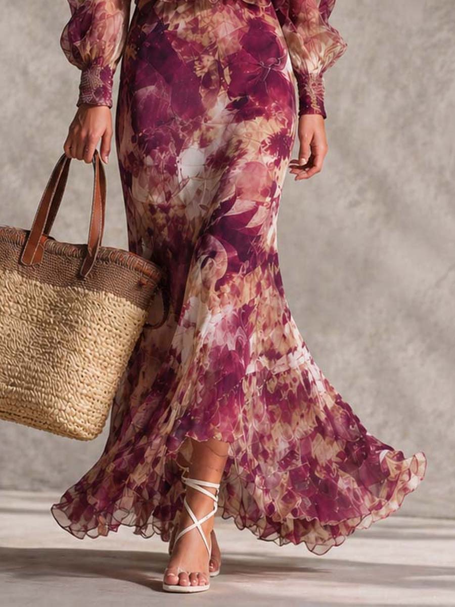 Françoise | Robe maxi rose à imprimé floral et épaules dénudées