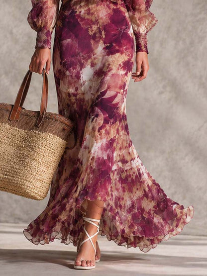 Françoise | Robe maxi rose à imprimé floral et épaules dénudées
