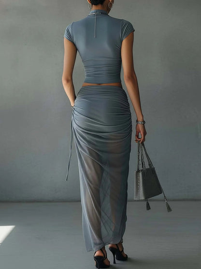 Jacqueline | Ensemble t-shirt court bleu et jupe drapée transparente