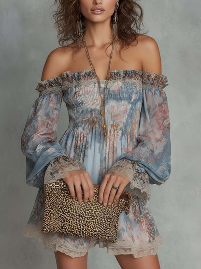 Romane | Robe Mini Froncée à Épaules Dénudées et Fleurs Romantiques
