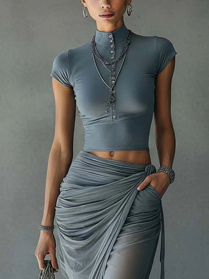 Jacqueline | Ensemble t-shirt court bleu et jupe drapée transparente