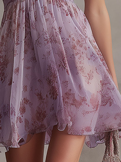 Violette | Mini Robe à Rayures Fleuries Violettes Rétro