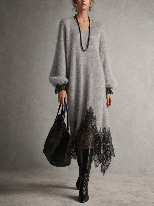 Grazia | Robe midi grise à ourlet ajouré