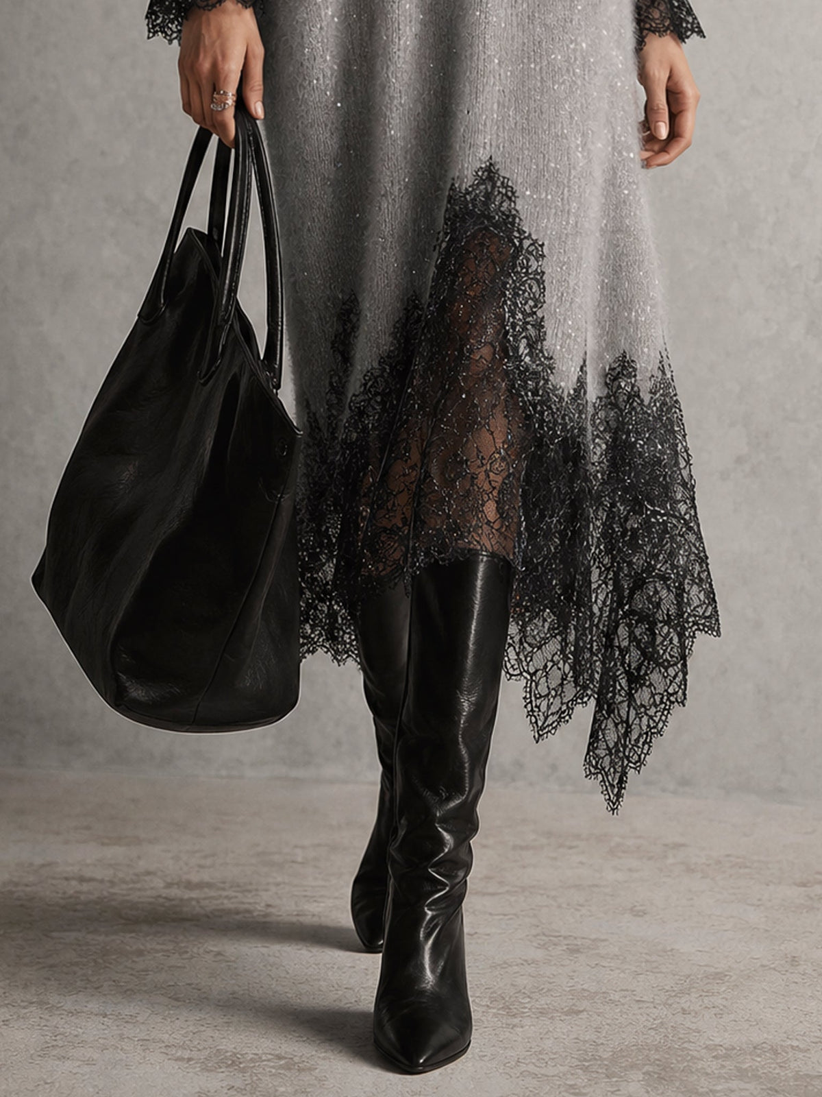 Grazia | Robe midi grise à ourlet ajouré