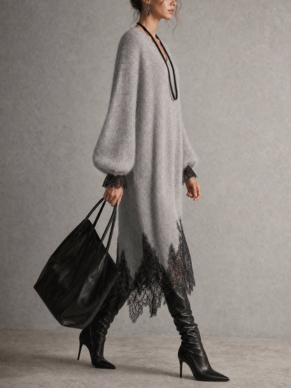 Grazia | Robe midi grise à ourlet ajouré