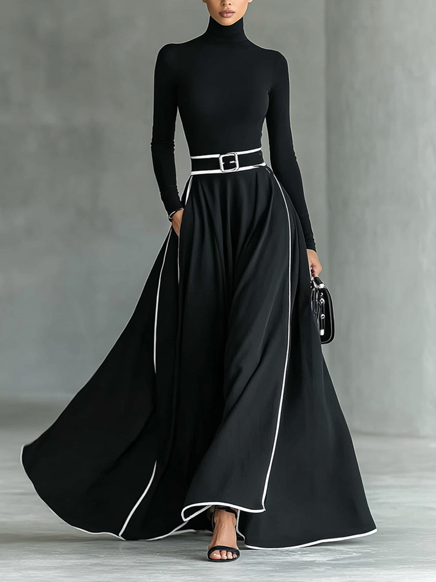Gina | Robe longue à col montant et surpiqûres