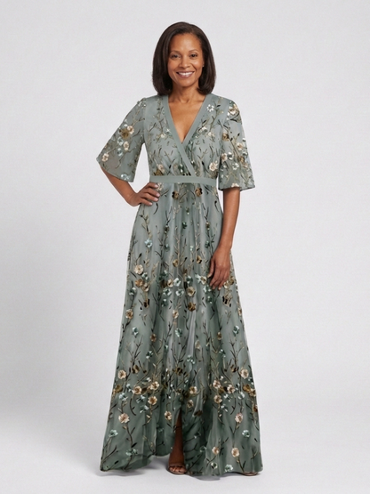 Émilie | Robe Maxi Fleurie, Manches Courtes