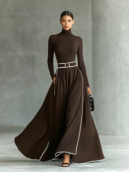Colette | Robe Maxi Femme Noire à Coutures Blanches et Col Monté, Manches Longues, Taille Cintrée