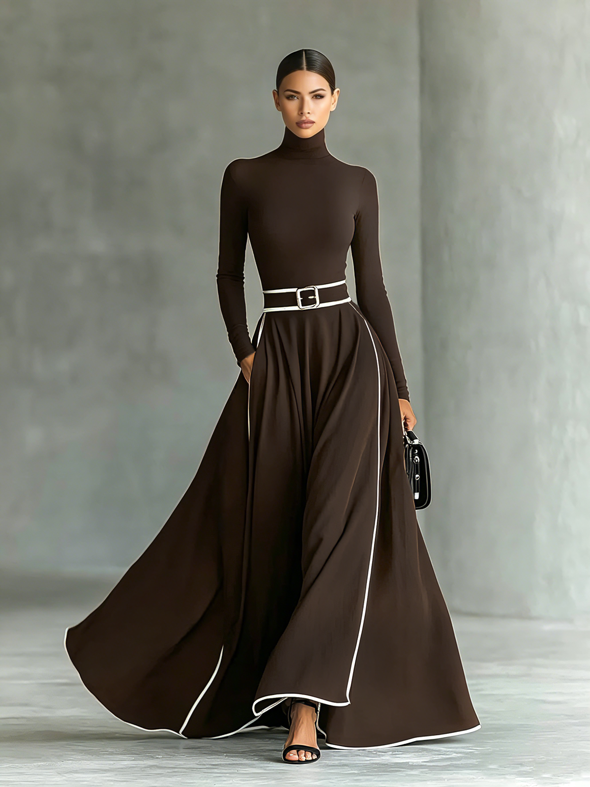 Gina | Robe longue à col montant et surpiqûres