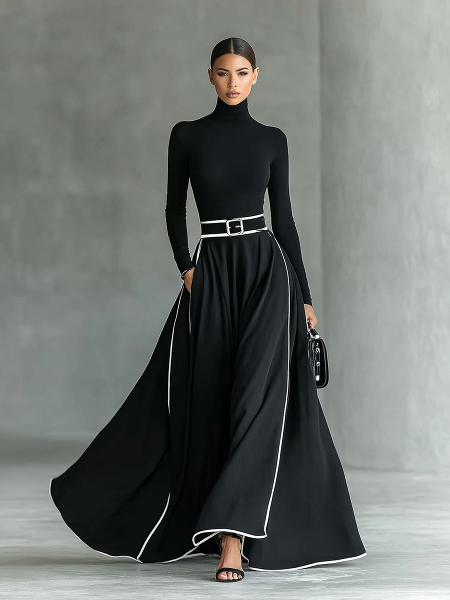 Gina | Robe longue à col montant et surpiqûres