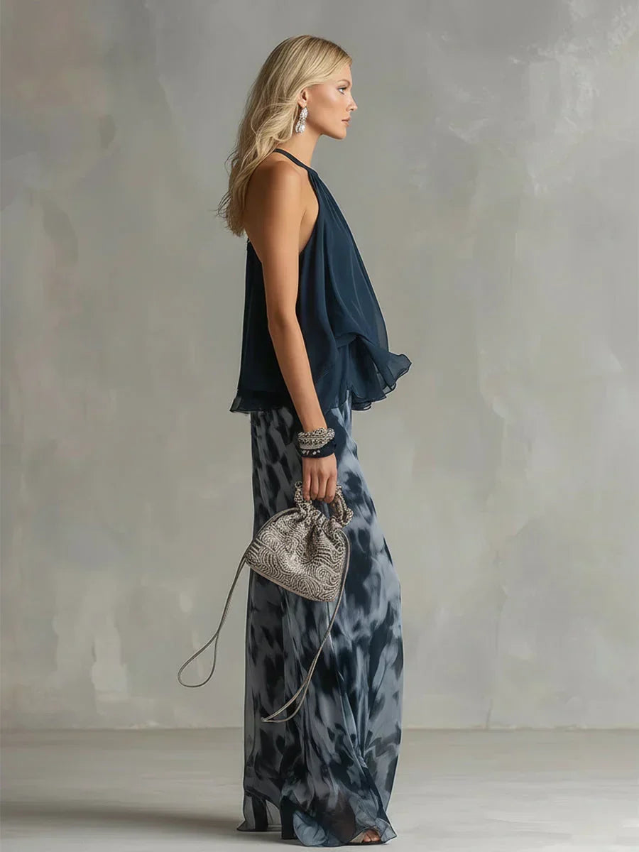 Ludivine | Ensemble Élégant avec Top Col Haut et Pantalon Large Imprimé