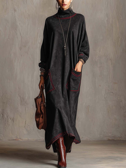 Marielle | Robe Maxi Noire à Coutures Contrastées Rouges et Poches Plaquées