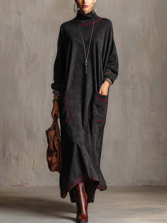 Marielle | Robe Maxi Noire à Coutures Contrastées Rouges et Poches Plaquées