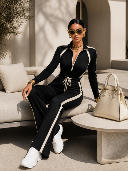 Monique | Ensemble Jogging à Bandes Contrastantes Noires, Haut Col Demi-Zip et Pantalon Large à Cordon