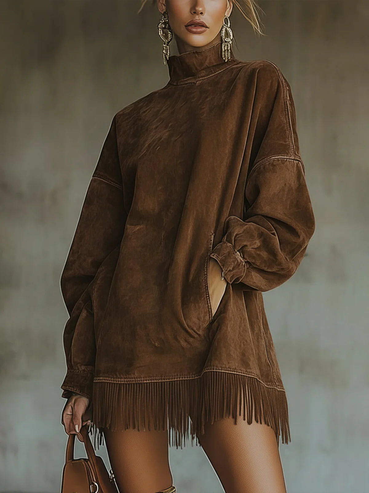 Gabrielle | Robe à Col Montant et Franges