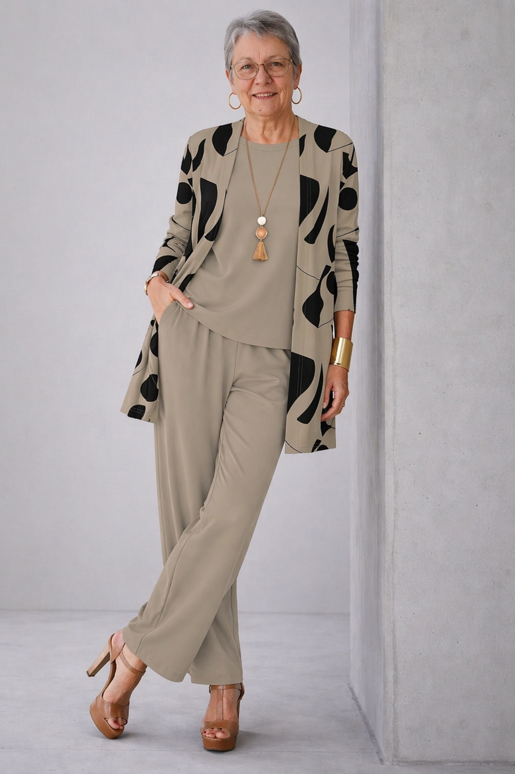 Silvia | Ensemble 3 pièces taupe à imprimé noir