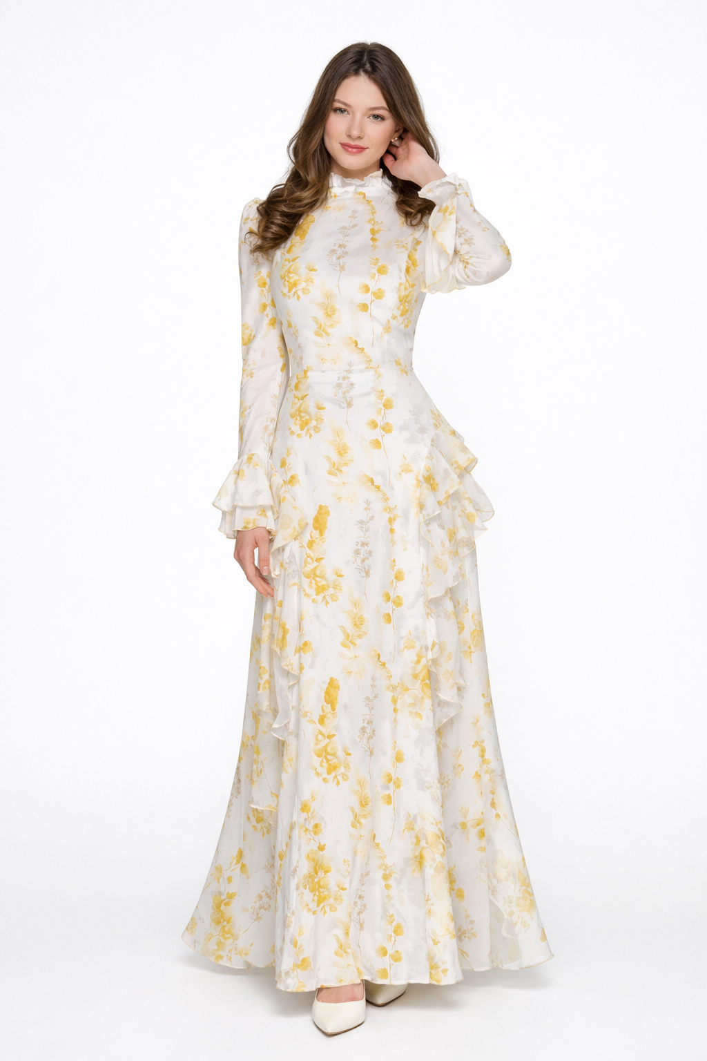 Elisabeth | Robe maxi asymétrique beige à col roulé et imprimé peinture à l'huile