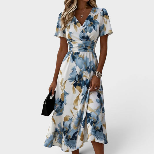 Denise | Robe Midi Fleurie Cache-Cœur à Taille Froncée
