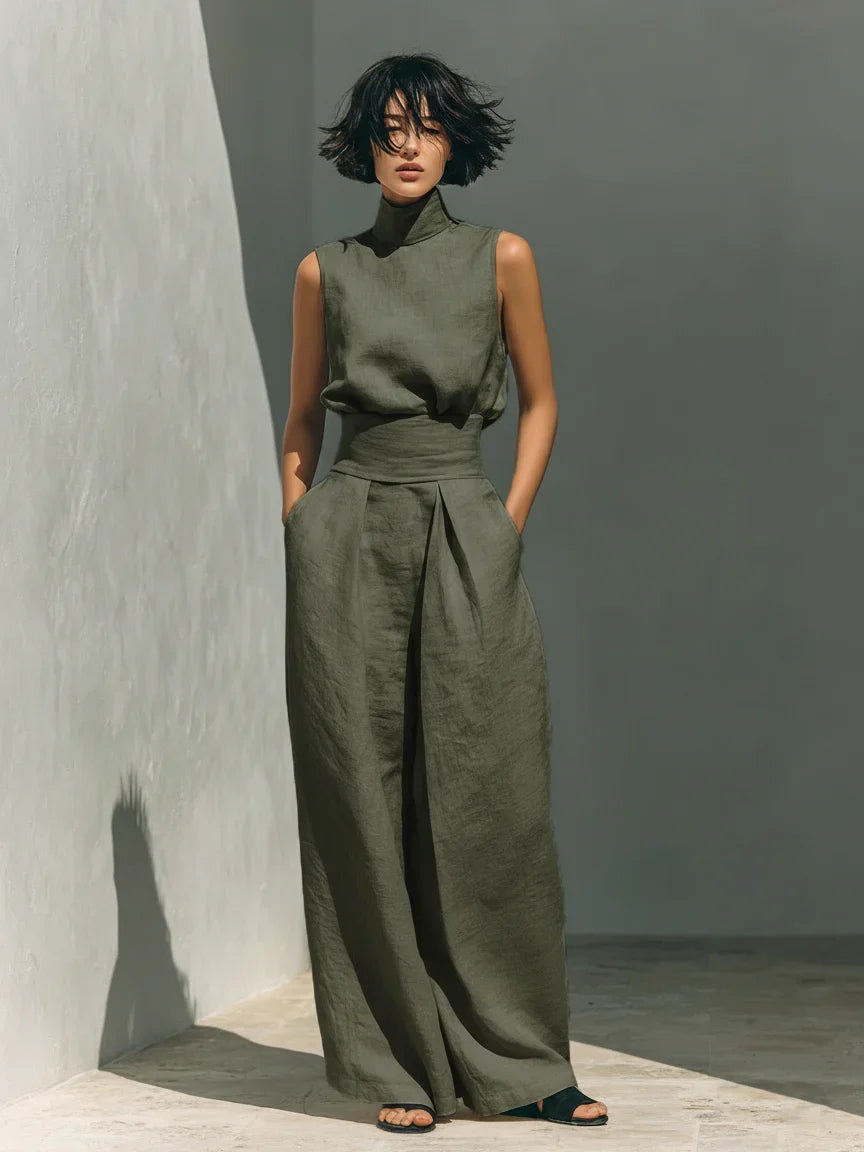 Julie | Ensemble deux pièces beige avec haut sans manches et pantalon large