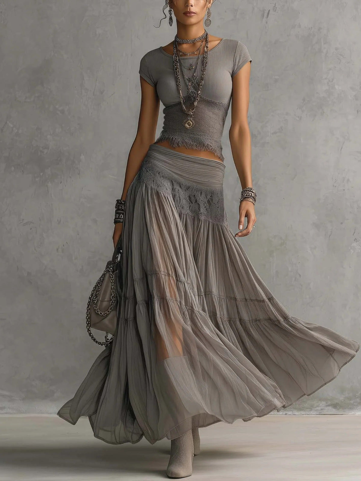 Marianne | Ensemble Top Gris Transparent et Jupe Maxi Plissée