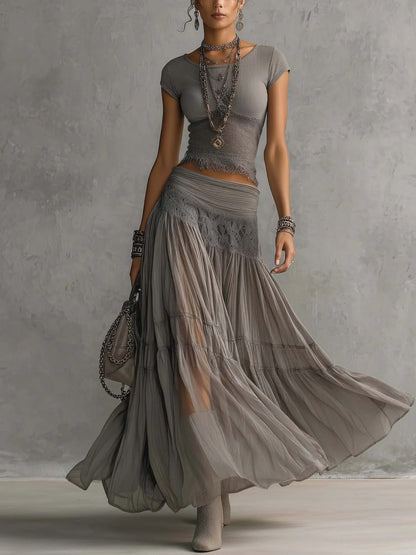 Marianne | Ensemble Top Gris Transparent et Jupe Maxi Plissée