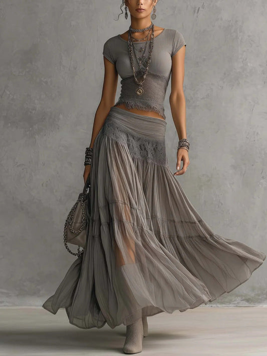 Marianne | Ensemble Top Gris Transparent et Jupe Maxi Plissée