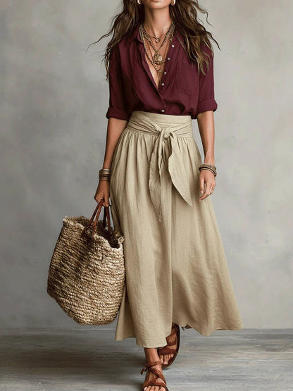 Vera – Ensemble Deux Pièces : T-shirt Noir et Jupe Midi Vert Olive