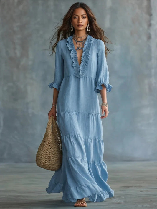 Anaïs | Robe Maxi Boho Bleu Ciel à Décolleté en V et Volants