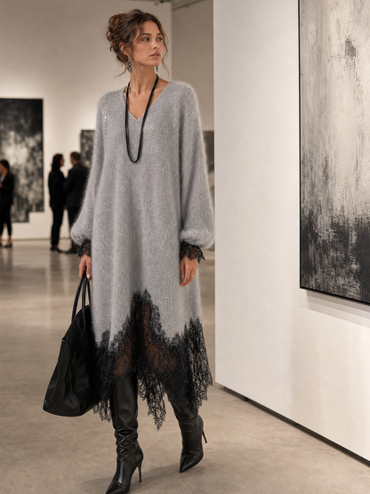 Grazia | Robe midi grise à ourlet ajouré