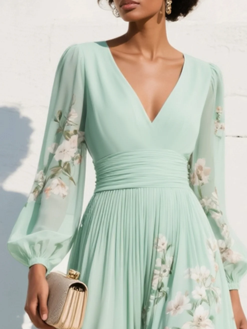 Susane | Robe maxi plissée vert menthe à imprimé fleuri