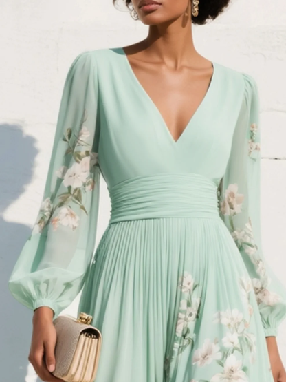 Susane | Robe maxi plissée vert menthe à imprimé fleuri
