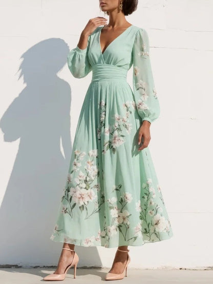 Susane | Robe maxi plissée vert menthe à imprimé fleuri