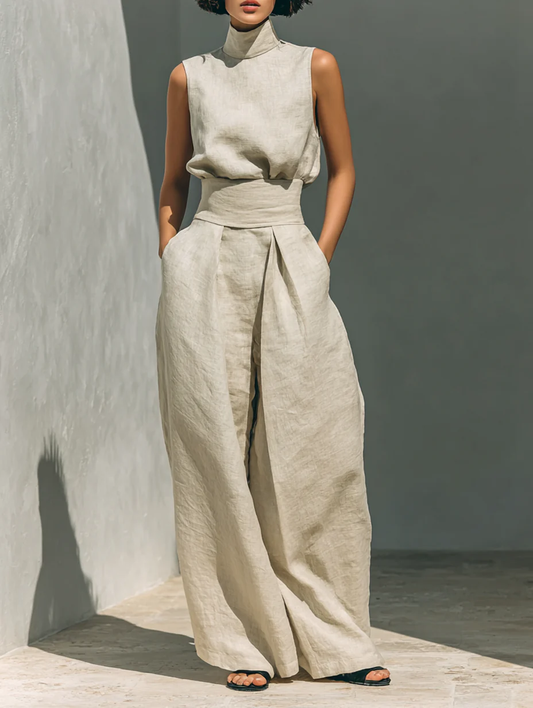 Julie | Ensemble deux pièces beige avec haut sans manches et pantalon large