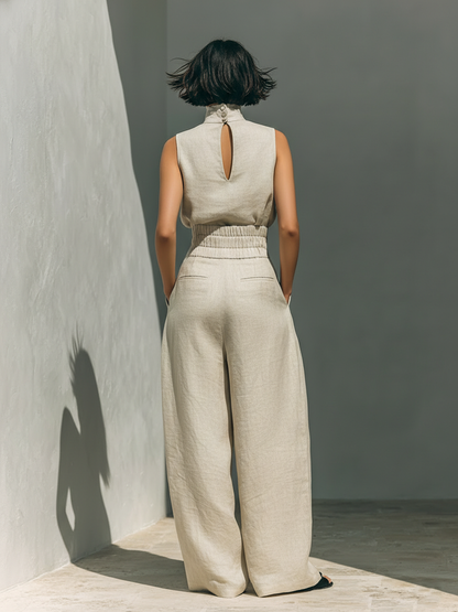 Julie | Ensemble deux pièces beige avec haut sans manches et pantalon large