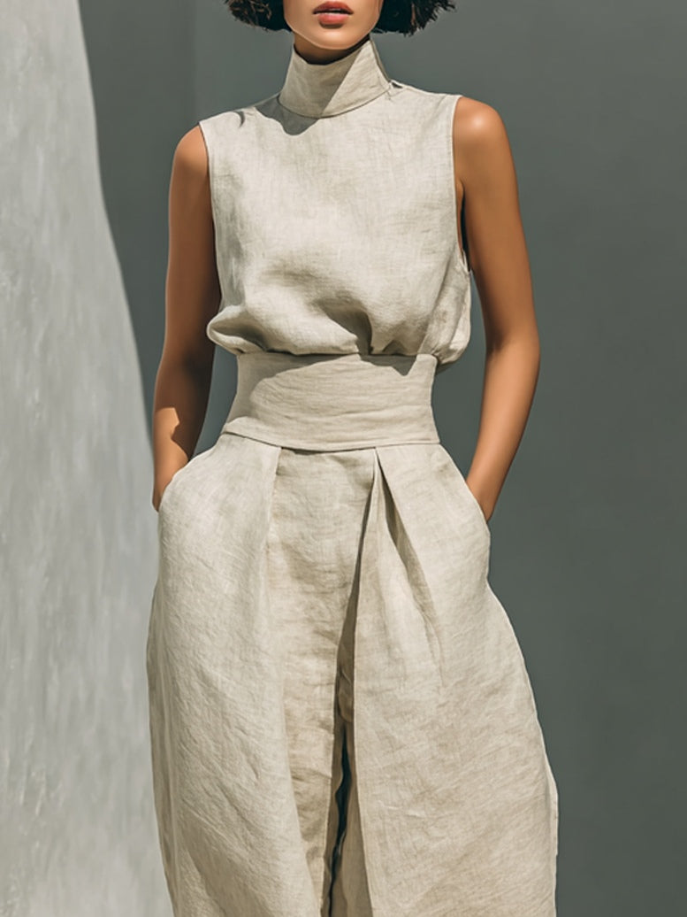 Julie | Ensemble deux pièces beige avec haut sans manches et pantalon large