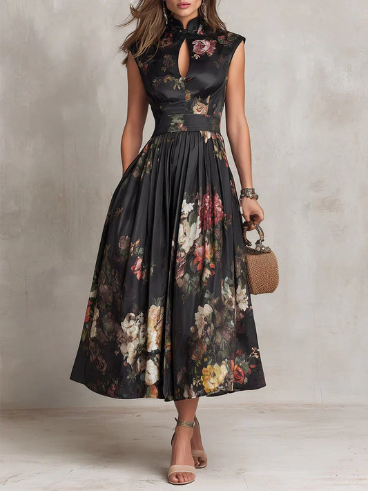 Salomé | Robe Midi Noire Plissée à Motif Floral et Col Haut