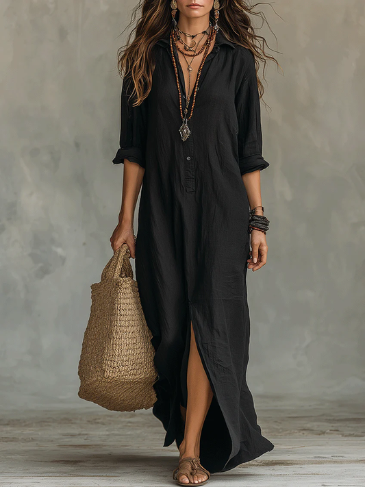 Soline | Robe Maxi Noire à Coupe Large et Boutons