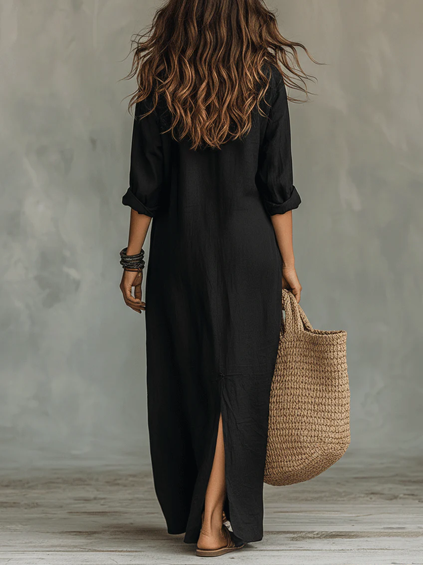 Soline | Robe Maxi Noire à Coupe Large et Boutons