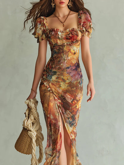 Herminie | Robe Maxi Orange à Imprimé Peinture à l'Huile Style Bohème